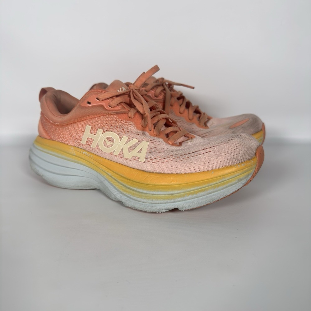 Hoka Bondi 8 Running Shoes Athletic Women 7.5 B Coral Peach Parfait 1127952 SCPP
